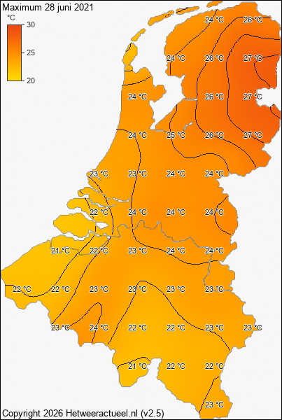 Maximum temperatuur 28 juni 2021