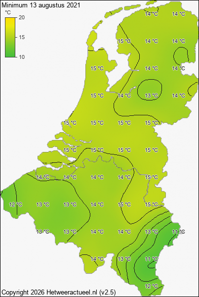 Minimum temperatuur 13 augustus 2021