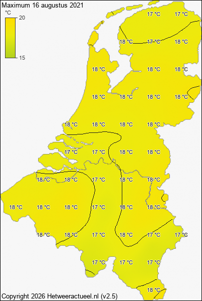 Maximum temperatuur 16 augustus 2021
