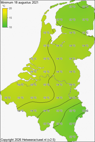 Minimum temperatuur 18 augustus 2021