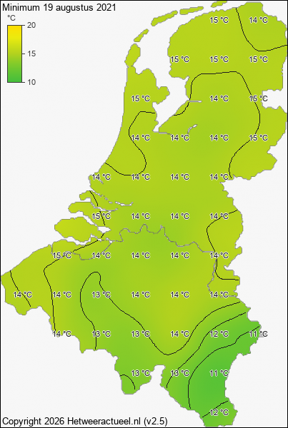 Minimum temperatuur 19 augustus 2021