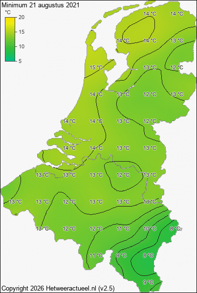 Minimum temperatuur 21 augustus 2021