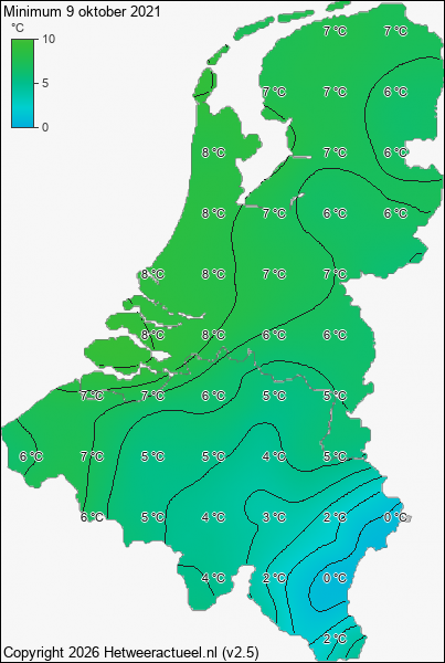 Minimum temperatuur 9 oktober 2021