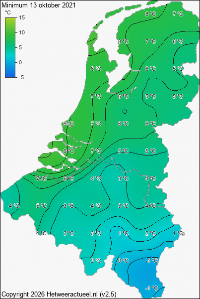 Minimum temperatuur 13 oktober 2021