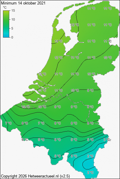 Minimum temperatuur 14 oktober 2021
