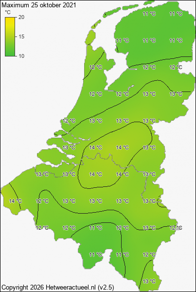 Maximum temperatuur 25 oktober 2021