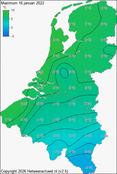 Maximum temperatuur 16 januari 2022