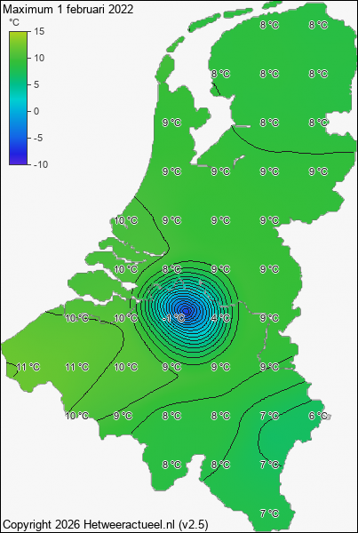 Maximum temperatuur 1 februari 2022