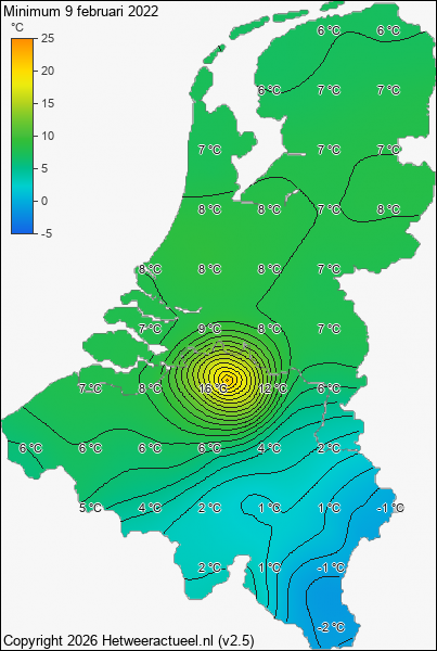 Minimum temperatuur 9 februari 2022
