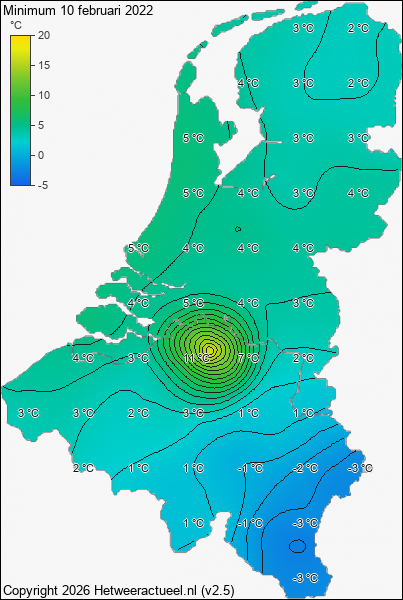 Minimum temperatuur 10 februari 2022