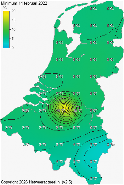Minimum temperatuur 14 februari 2022