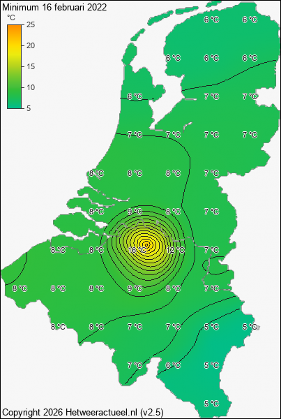 Minimum temperatuur 16 februari 2022