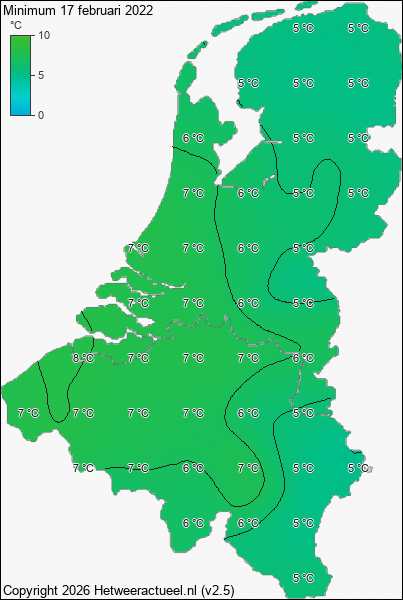 Minimum temperatuur 17 februari 2022