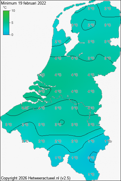 Minimum temperatuur 19 februari 2022