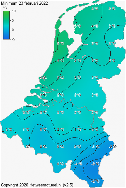 Minimum temperatuur 23 februari 2022