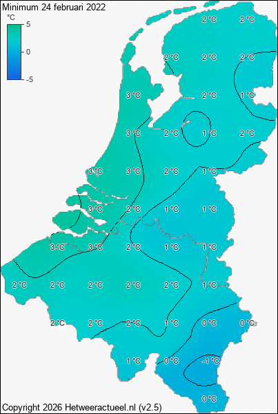 Minimum temperatuur 24 februari 2022