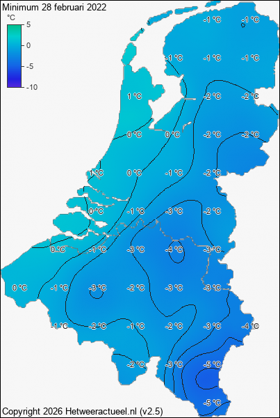 Minimum temperatuur 28 februari 2022