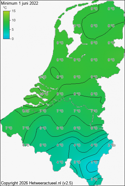 Minimum temperatuur 1 juni 2022