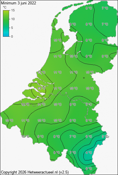 Minimum temperatuur 3 juni 2022