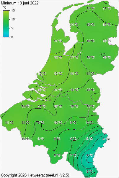 Minimum temperatuur 13 juni 2022