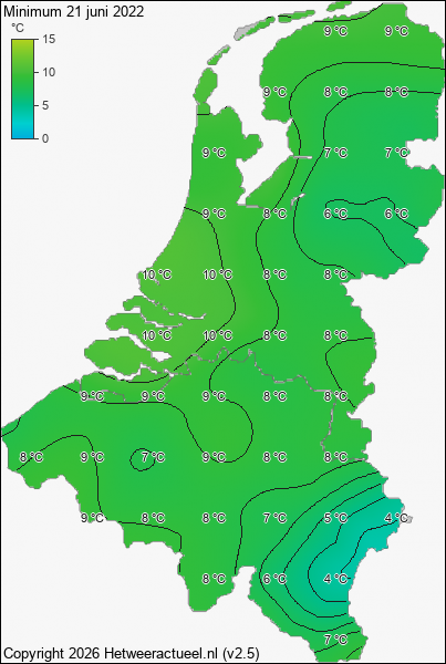Minimum temperatuur 21 juni 2022