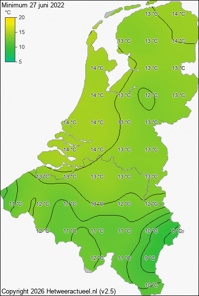 Minimum temperatuur 27 juni 2022