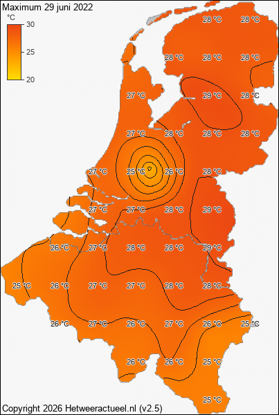 Maximum temperatuur 29 juni 2022