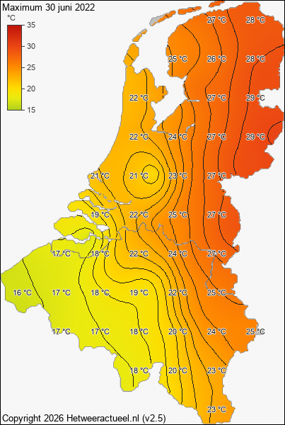 Maximum temperatuur 30 juni 2022