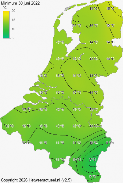 Minimum temperatuur 30 juni 2022