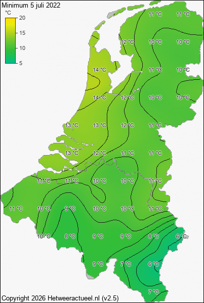 Minimum temperatuur 5 juli 2022