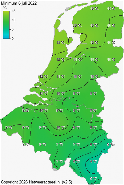 Minimum temperatuur 6 juli 2022