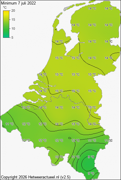 Minimum temperatuur 7 juli 2022