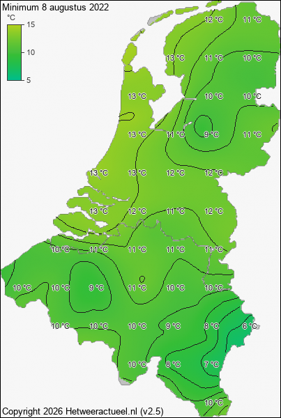 Minimum temperatuur 8 augustus 2022
