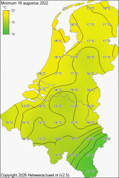 Minimum temperatuur 16 augustus 2022