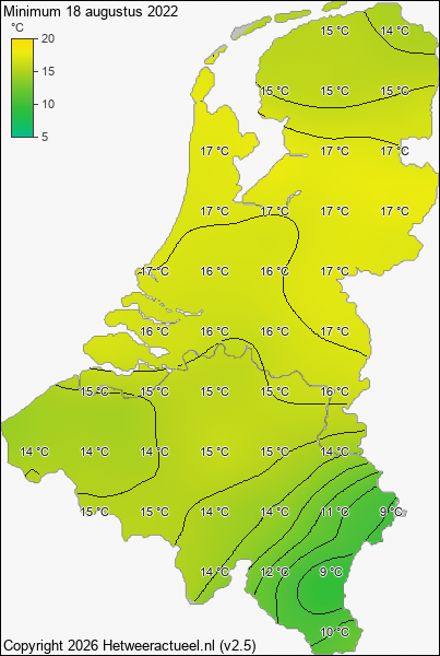 Minimum temperatuur 18 augustus 2022