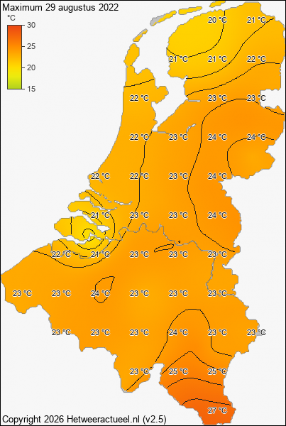 Maximum temperatuur 29 augustus 2022