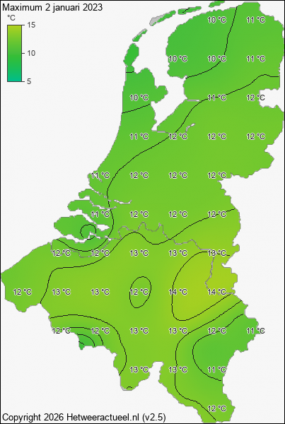 Maximum temperatuur 2 januari 2023