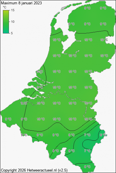 Maximum temperatuur 8 januari 2023