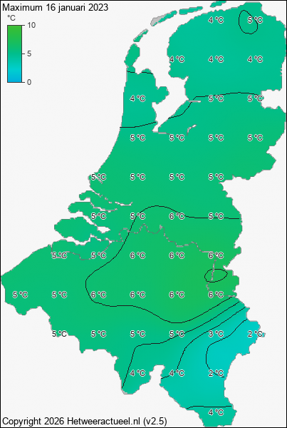 Maximum temperatuur 16 januari 2023