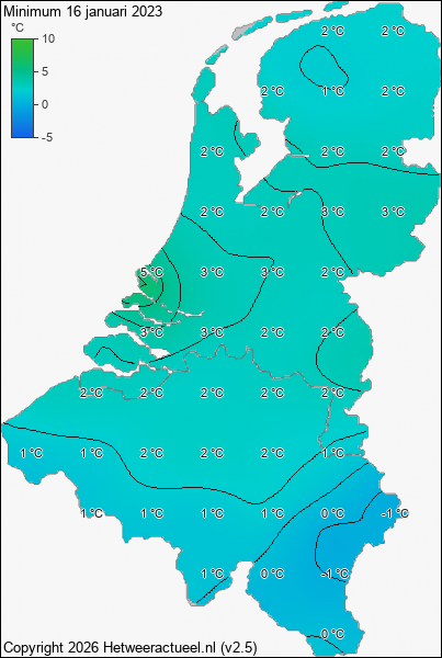 Minimum temperatuur 16 januari 2023