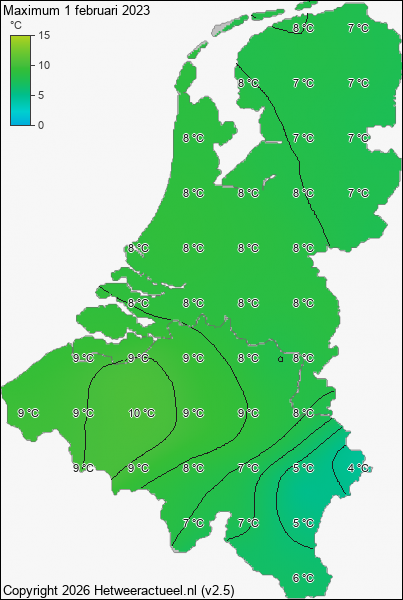 Maximum temperatuur 1 februari 2023