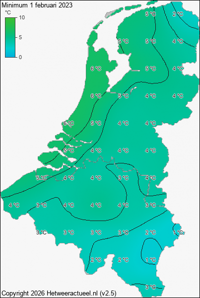 Minimum temperatuur 1 februari 2023