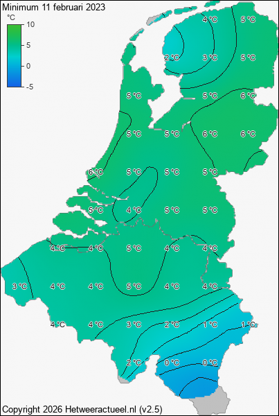 Minimum temperatuur 11 februari 2023