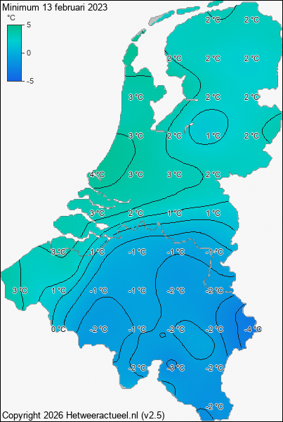 Minimum temperatuur 13 februari 2023