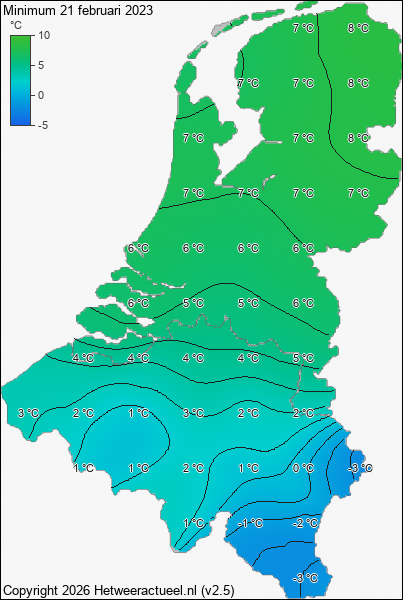 Minimum temperatuur 21 februari 2023