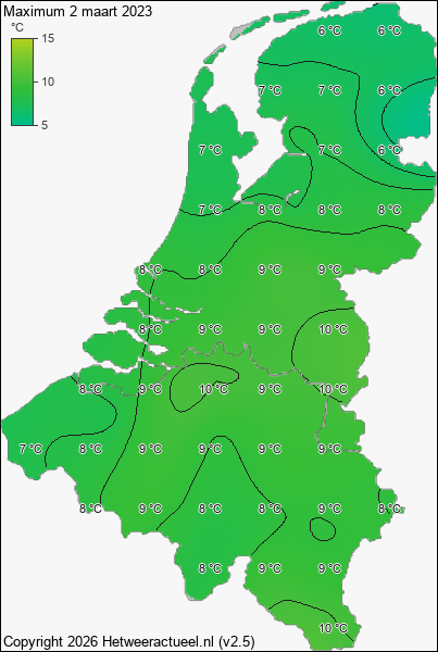 Maximum temperatuur 2 maart 2023