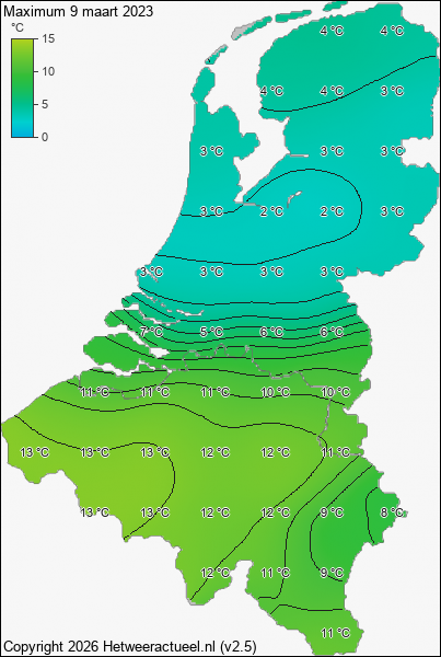 Maximum temperatuur 9 maart 2023