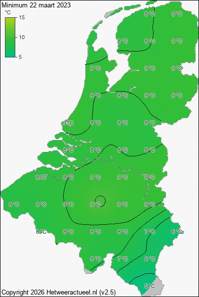 Minimum temperatuur 22 maart 2023