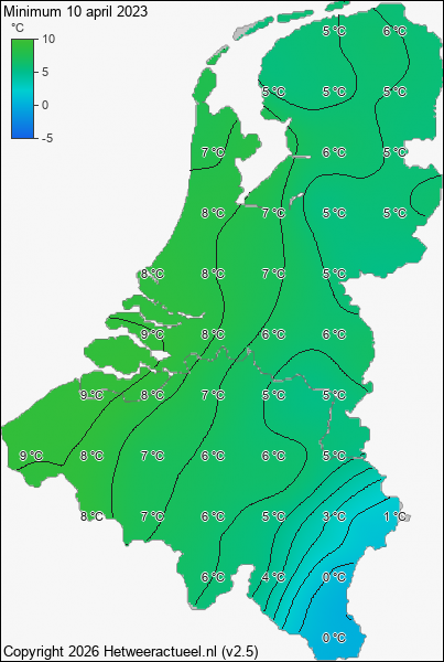 Minimum temperatuur 10 april 2023