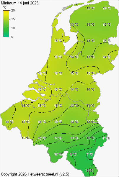 Minimum temperatuur 14 juni 2023